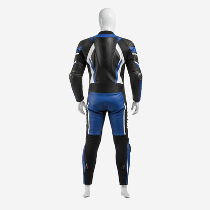 Custom Motorcycle Leather Racing Suit in White & Blue - One Piece Racing Suit