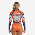 Custom Cheerleading Bodysuit - Orange Navy Silver Sparkle Long Sleeve Uniform