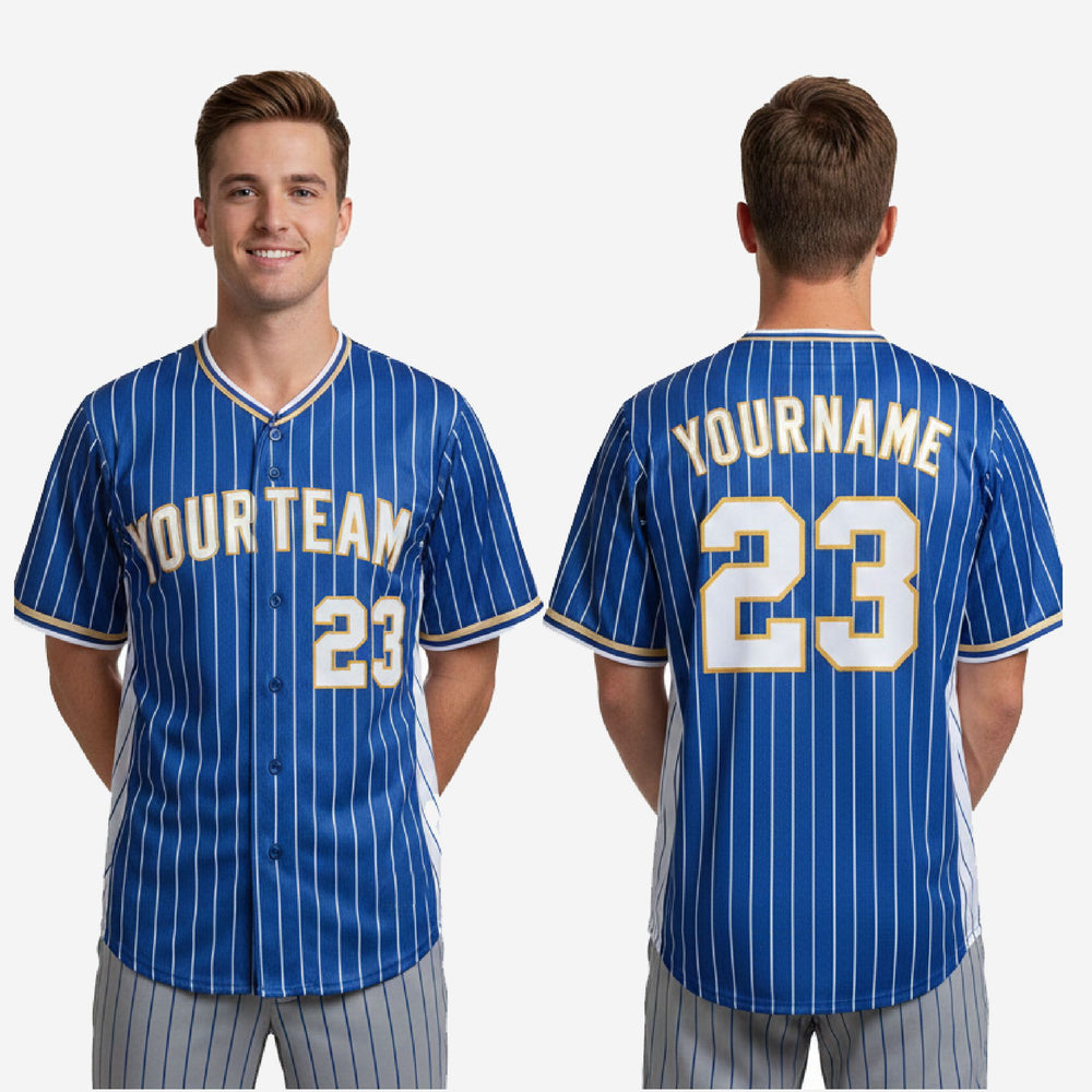 Custom Baseball Uniform Jersey - Youth & Adult Pinstripe Full Button Jersey in Blue