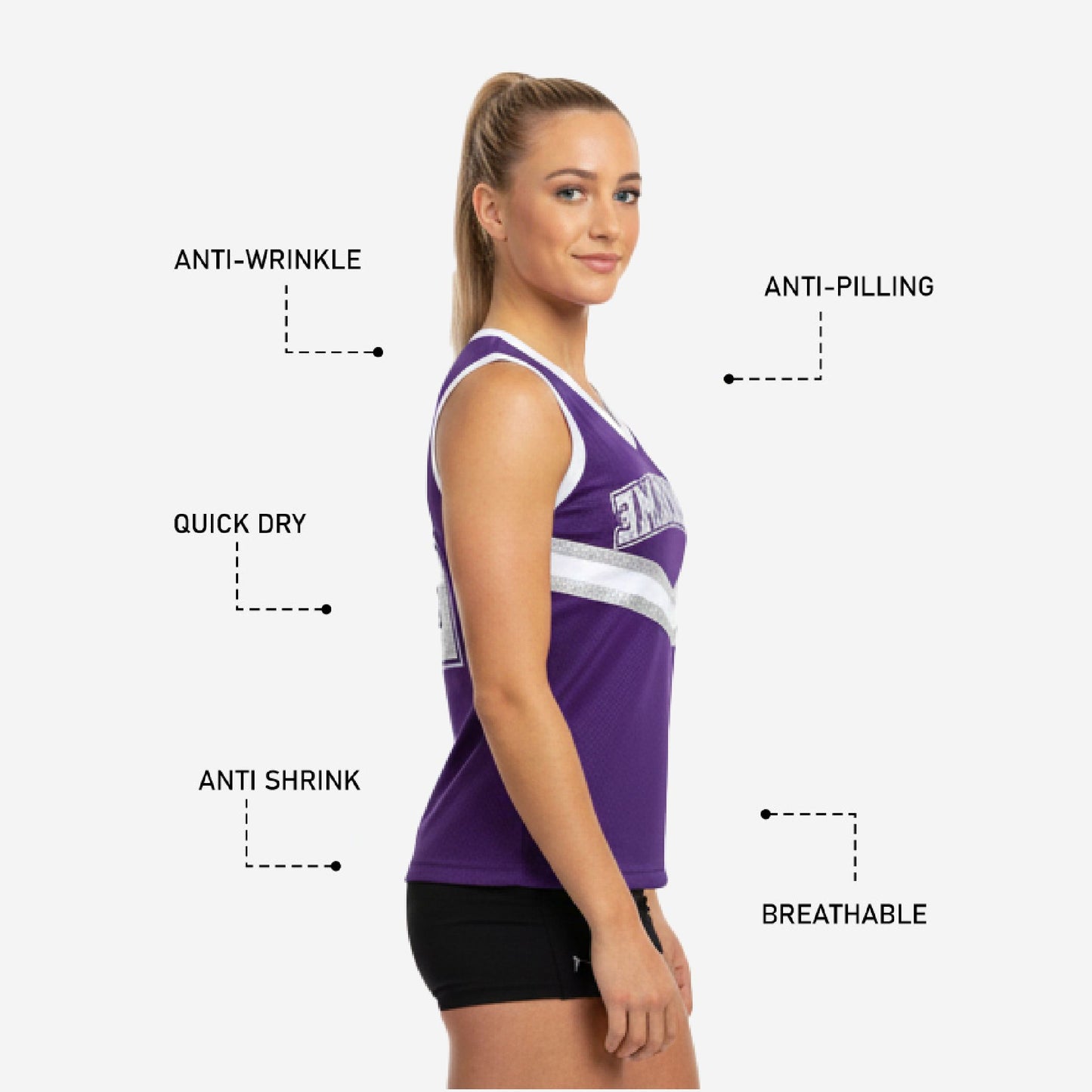 Custom Printed Cheerleading Practice Jersey - Purple White Silver Sleeveless Shell