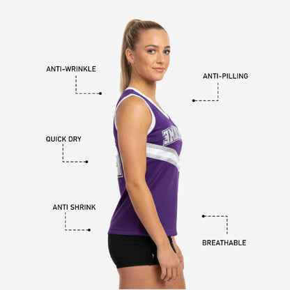 Custom Printed Cheerleading Practice Jersey - Purple White Silver Sleeveless Shell