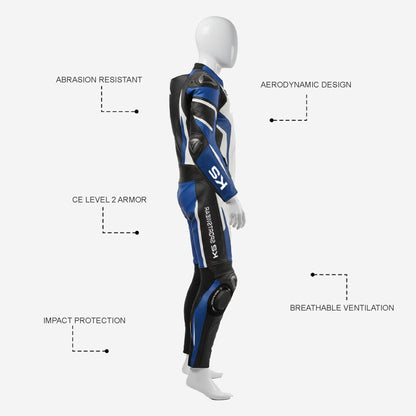 Custom Motorcycle Leather Racing Suit in White & Blue - One Piece Racing Suit