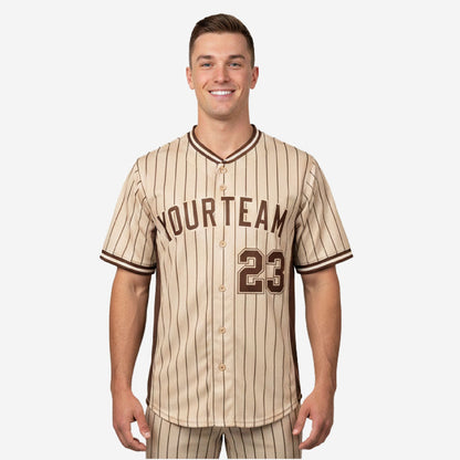 Custom Baseball Uniform Jersey - Youth & Adult Pinstripe Full Button Jersey in Beige