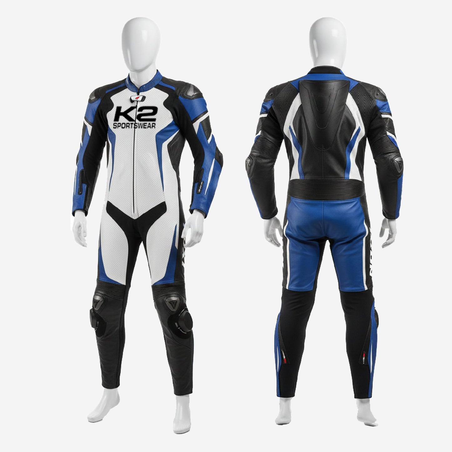 Custom Motorcycle Leather Racing Suit in White & Blue - One Piece Racing Suit