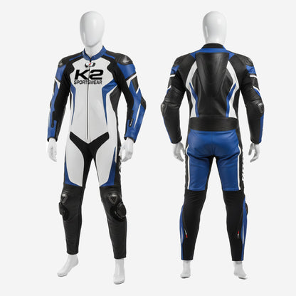Custom Motorcycle Leather Racing Suit in White & Blue - One Piece Racing Suit