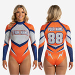 Custom Cheerleading Bodysuit - Orange Navy Silver Sparkle Long Sleeve Uniform