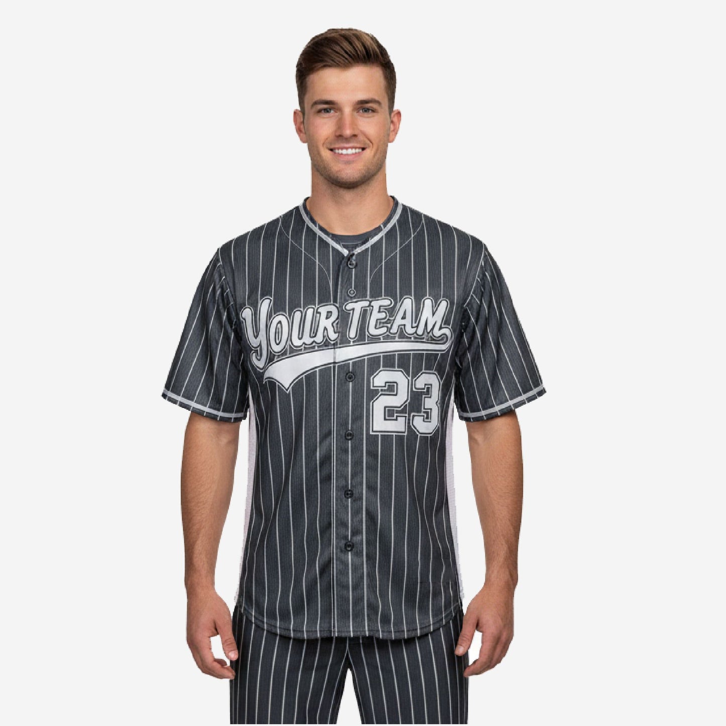 Custom Baseball Uniform Jersey - Youth & Adult Pinstripe Full Button Jersey in Charcoal