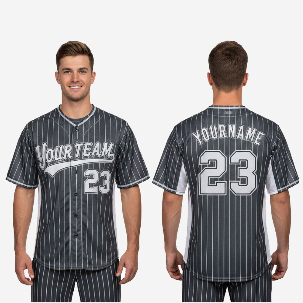Custom Baseball Uniform Jersey - Youth & Adult Pinstripe Full Button Jersey in Charcoal