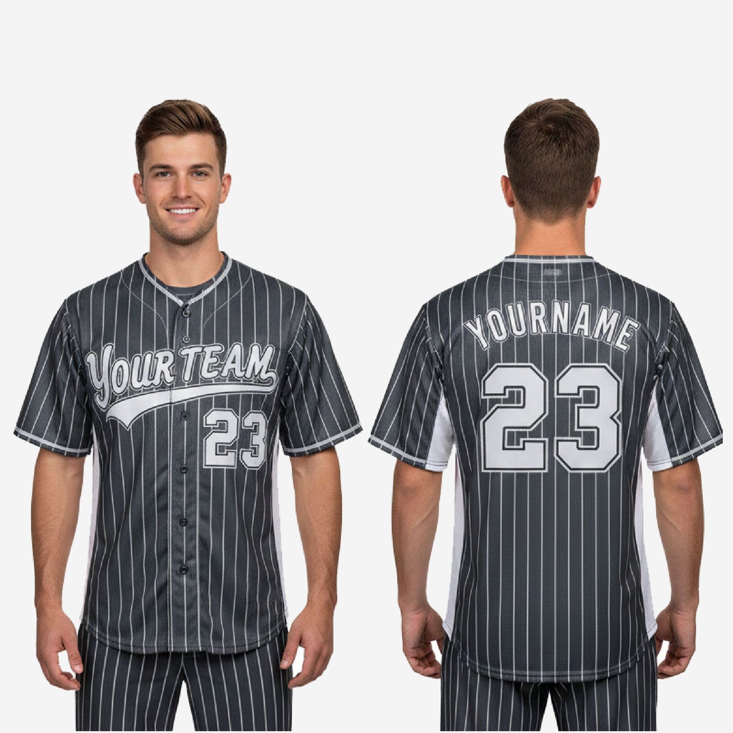 Custom Baseball Uniform Jersey - Youth & Adult Pinstripe Full Button Jersey in Charcoal