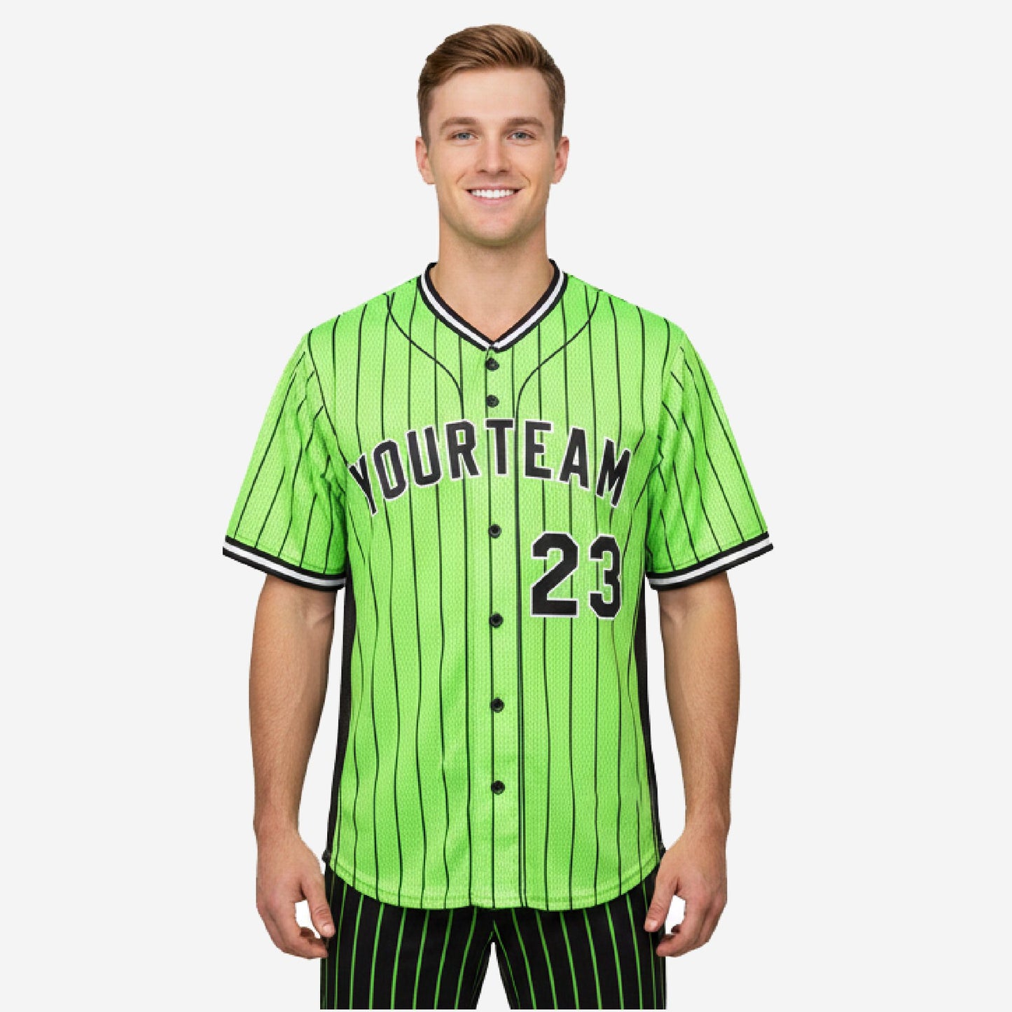 Custom Baseball Uniform Jersey - Youth & Adult Pinstripe Full Button Jersey in Inchworm