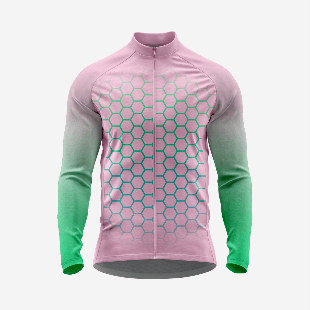 Full Zip Pink Green Long Sleeve Cycling Jersey for Men | Hexagon Bike Shirt