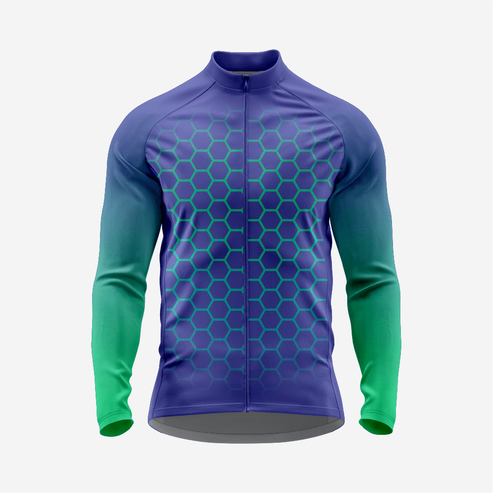 Men's Midnight Blue Long Sleeve Cycling Jersey| Breathable Hex Print Bike Jersey
