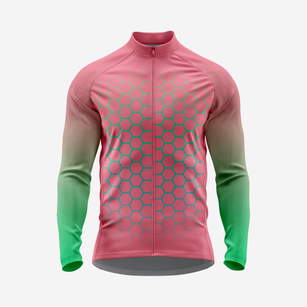 Full Zip Long Sleeve Cycling Jersey for Men | Hexagon Candy Pink Bike Shirt - K2 Sportswear | Custom Sports Uniforms & Apparels - K2 Sportswear