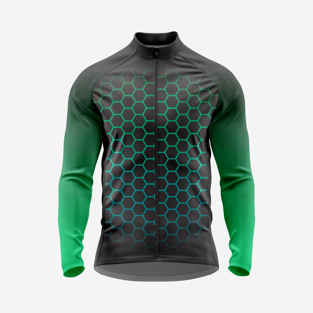 Men's Black Green Long Sleeve Cycling Jersey| Breathable Hex Print Bike Jersey - K2 Sportswear | Custom Sports Uniforms & Apparels - K2 Sportswear