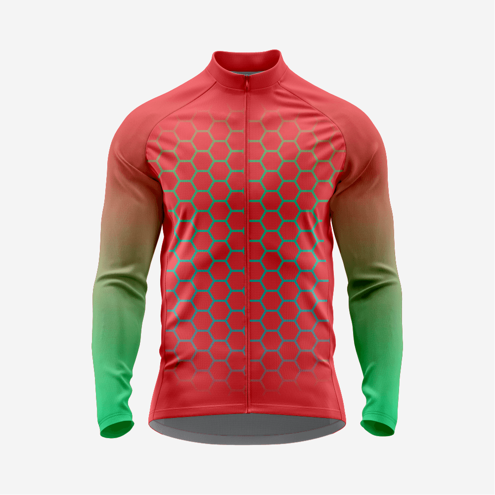 Men's Long Sleeve Cycling Jersey Red | Breathable Hex Print Bike Jersey - K2 Sportswear | Custom Sports Uniforms & Apparels - K2 Sportswear