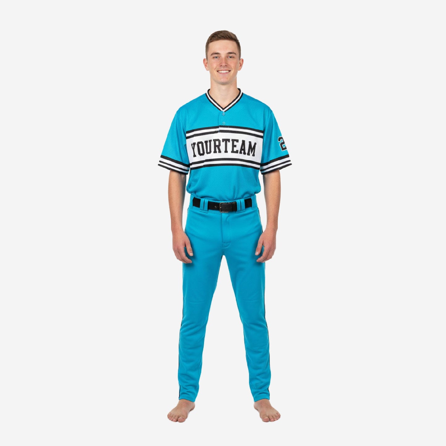 Custom Youth Baseball Uniform - V-Neck Jersey & Pants Team Name Set in Ball Blue