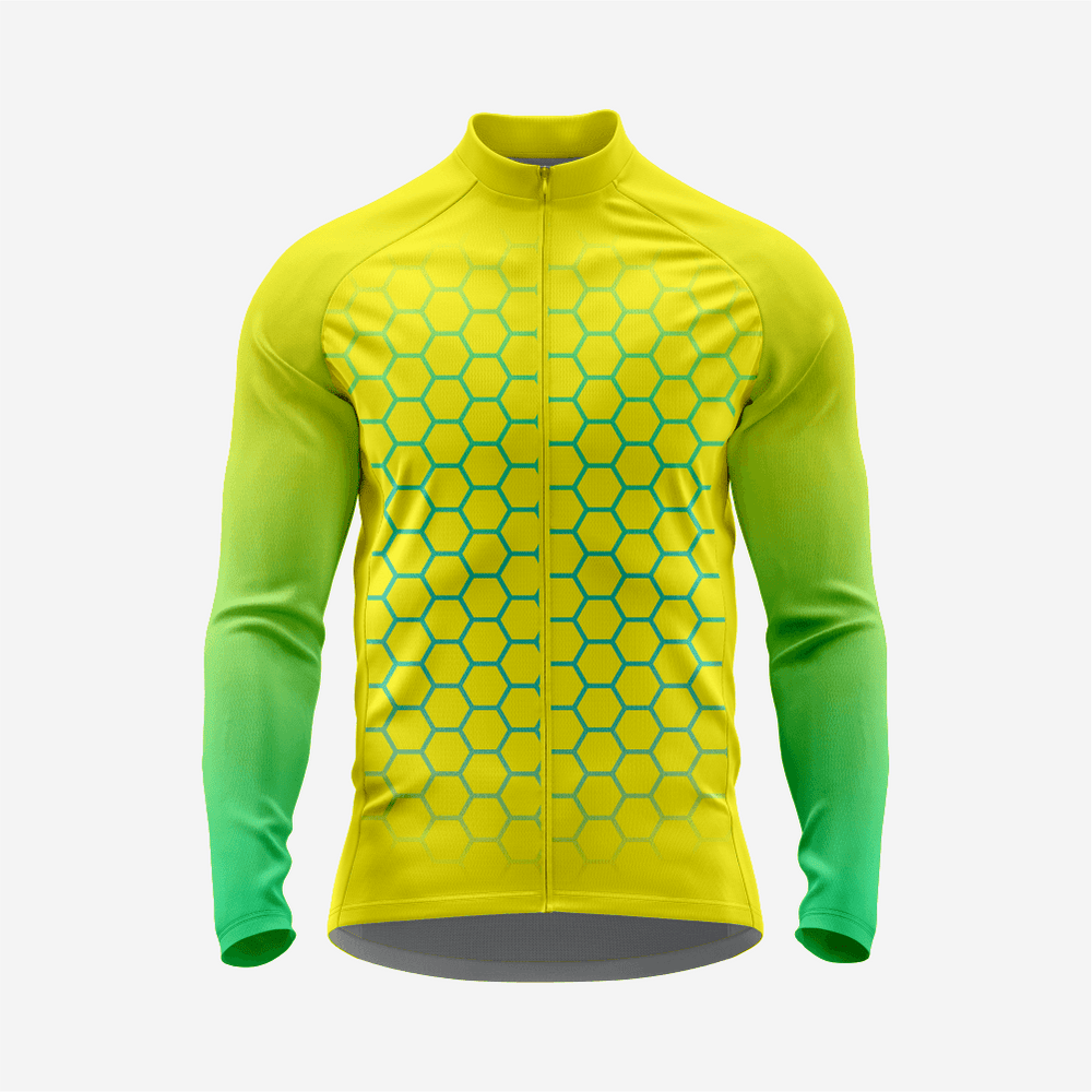 Yellow & Green Men's Long Sleeve Cycling Jersey| Breathable Hex Print Bike Jersey
