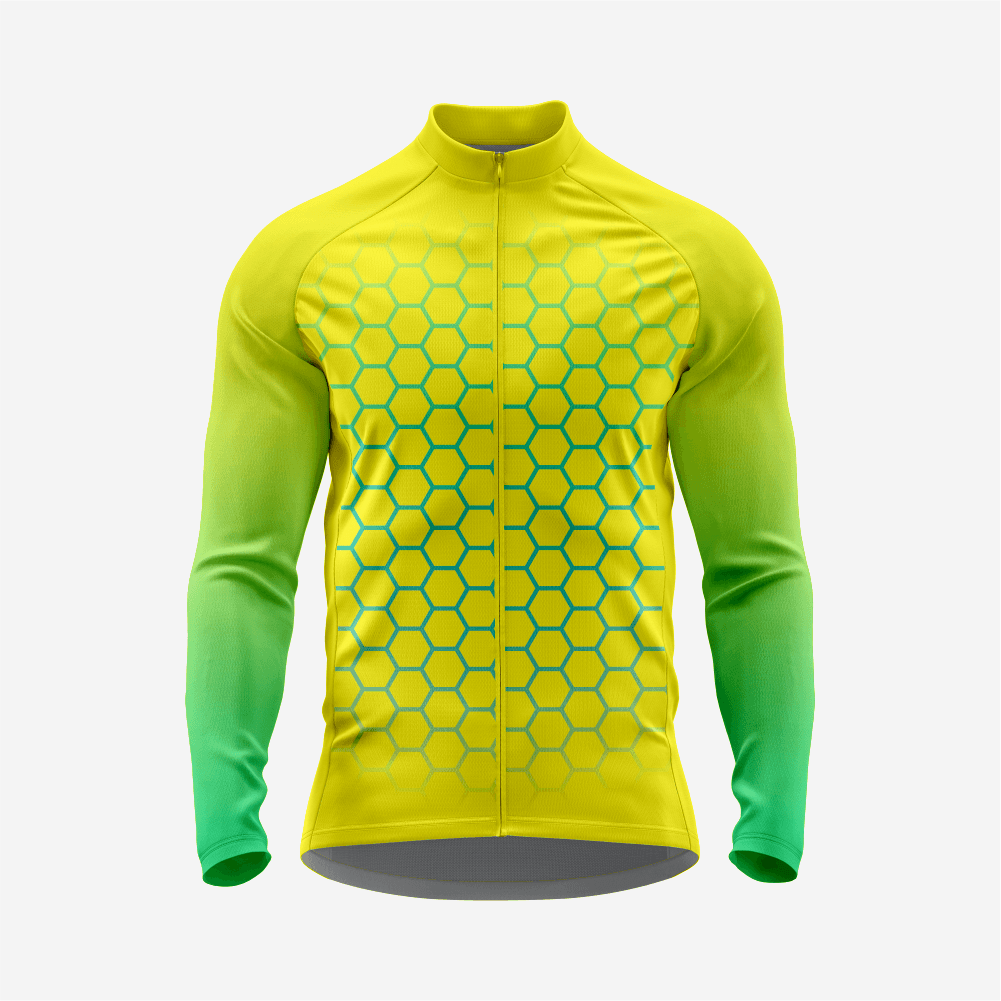 Yellow & Green Men's Long Sleeve Cycling Jersey| Breathable Hex Print Bike Jersey - K2 Sportswear | Custom Sports Uniforms & Apparels - K2 Sportswear