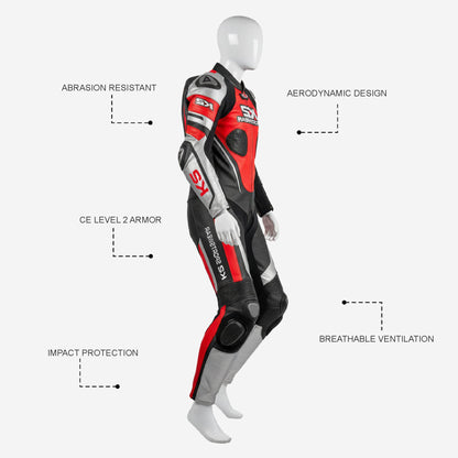 Custom Motorcycle Leather Racing Suit in Red & Black - One Piece Racing Suit