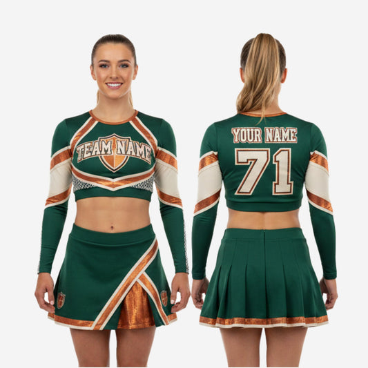 Custom Cheerleading Uniforms Set - Long Sleeve Crop Top & Skirt with Built-in Shorts