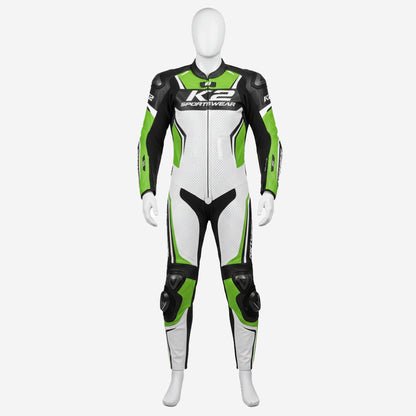 Custom Motorcycle Leather Racing Suit in White & Green - One Piece Racing Suit