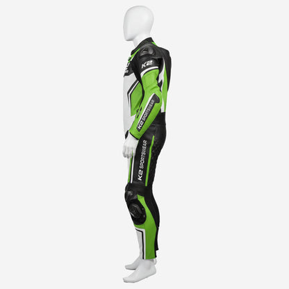 Custom Motorcycle Leather Racing Suit in White & Green - One Piece Racing Suit