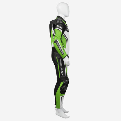 Custom Motorcycle Leather Racing Suit in White & Green - One Piece Racing Suit