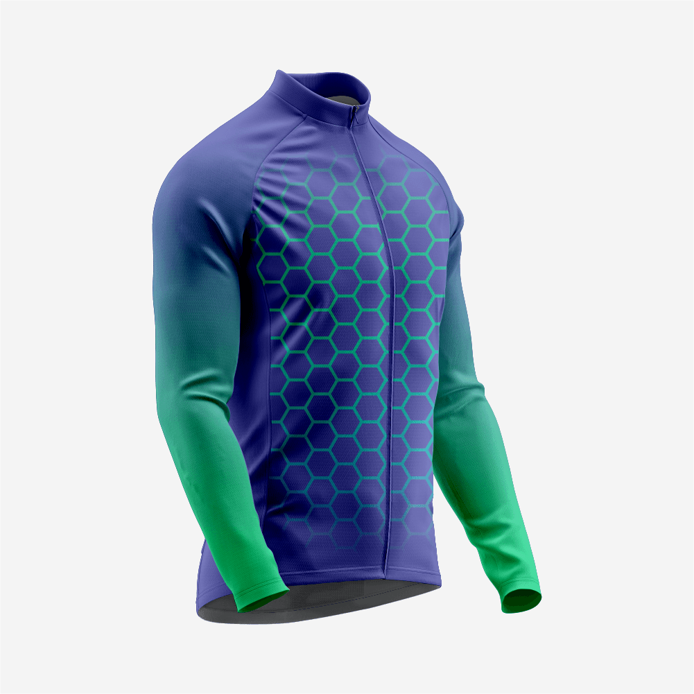 Men's Midnight Blue Long Sleeve Cycling Jersey| Breathable Hex Print Bike Jersey - K2 Sportswear | Custom Sports Uniforms & Apparels - K2 Sportswear