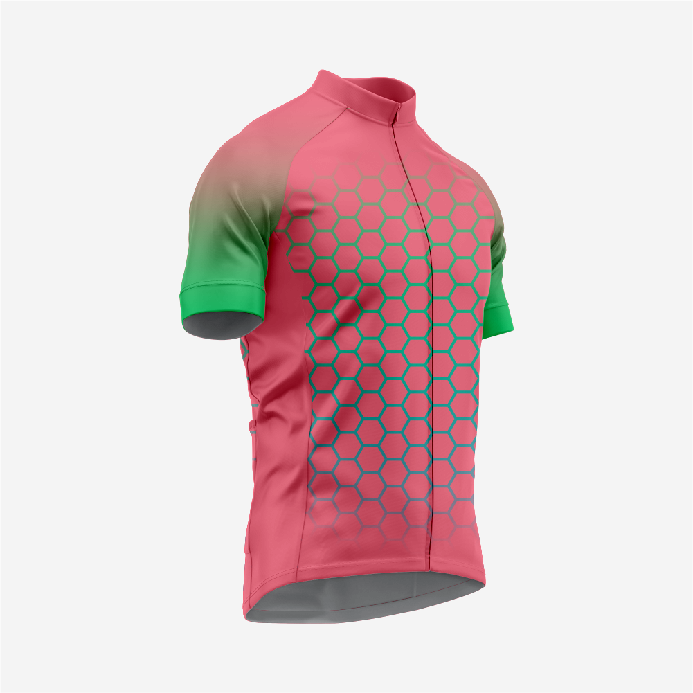 Short Sleeve Candy Pink Cycling Jersey Men | Hexagon Pattern Bike Shirt