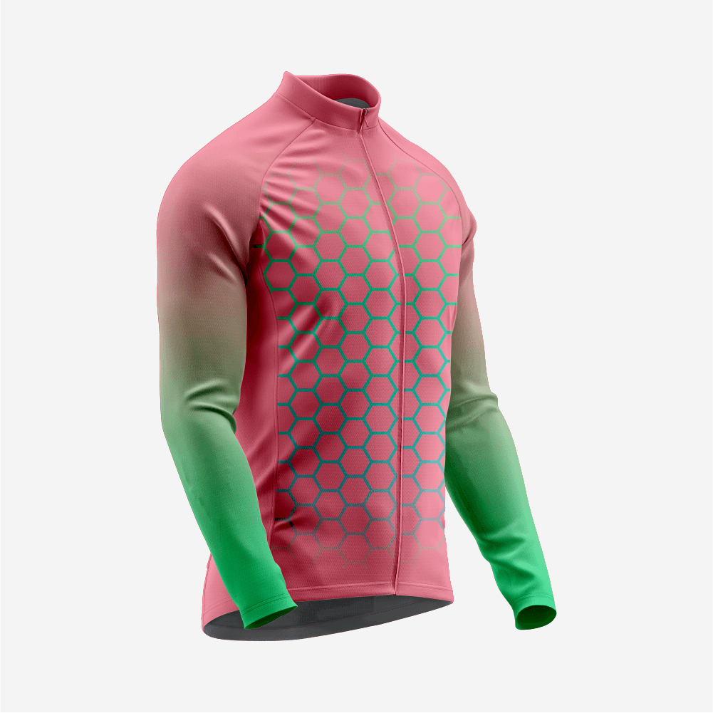 Full Zip Long Sleeve Cycling Jersey for Men | Hexagon Candy Pink Bike Shirt - K2 Sportswear | Custom Sports Uniforms & Apparels - K2 Sportswear