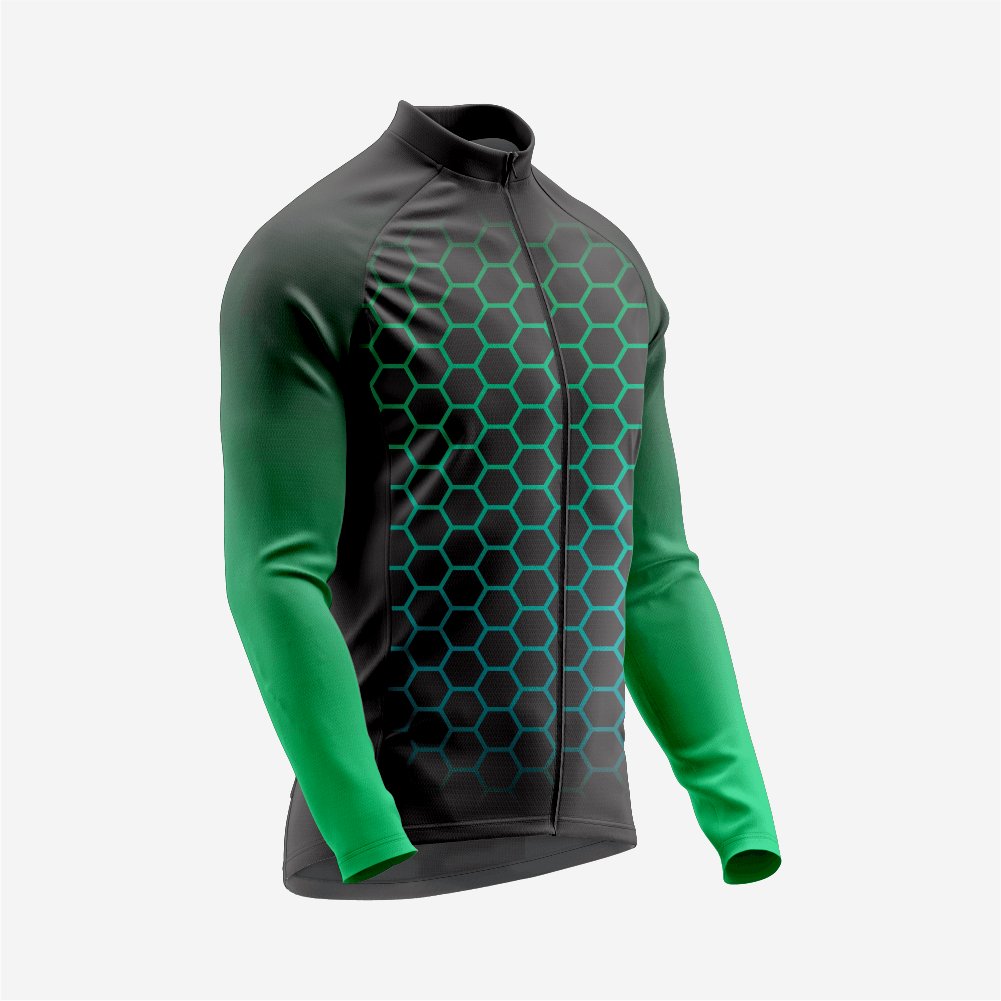 Men's Black Green Long Sleeve Cycling Jersey| Breathable Hex Print Bike Jersey - K2 Sportswear | Custom Sports Uniforms & Apparels - K2 Sportswear