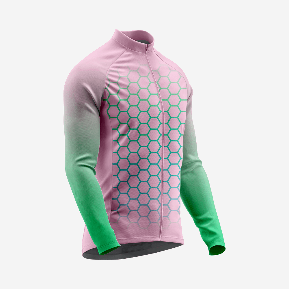 Full Zip Pink Green Long Sleeve Cycling Jersey for Men | Hexagon Bike Shirt - K2 Sportswear | Custom Sports Uniforms & Apparels - K2 Sportswear