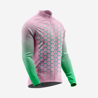 Full Zip Pink Green Long Sleeve Cycling Jersey for Men | Hexagon Bike Shirt - K2 Sportswear | Custom Sports Uniforms & Apparels - K2 Sportswear
