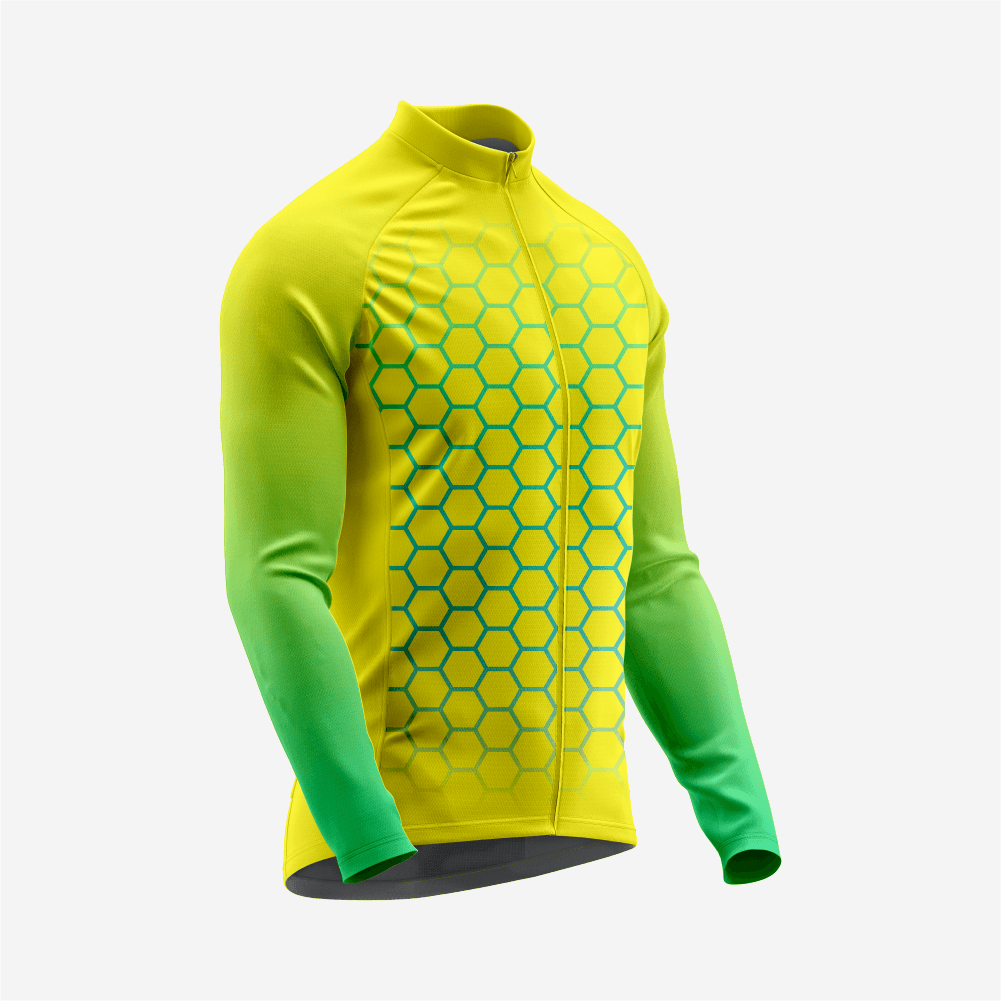 Yellow & Green Men's Long Sleeve Cycling Jersey| Breathable Hex Print Bike Jersey - K2 Sportswear | Custom Sports Uniforms & Apparels - K2 Sportswear
