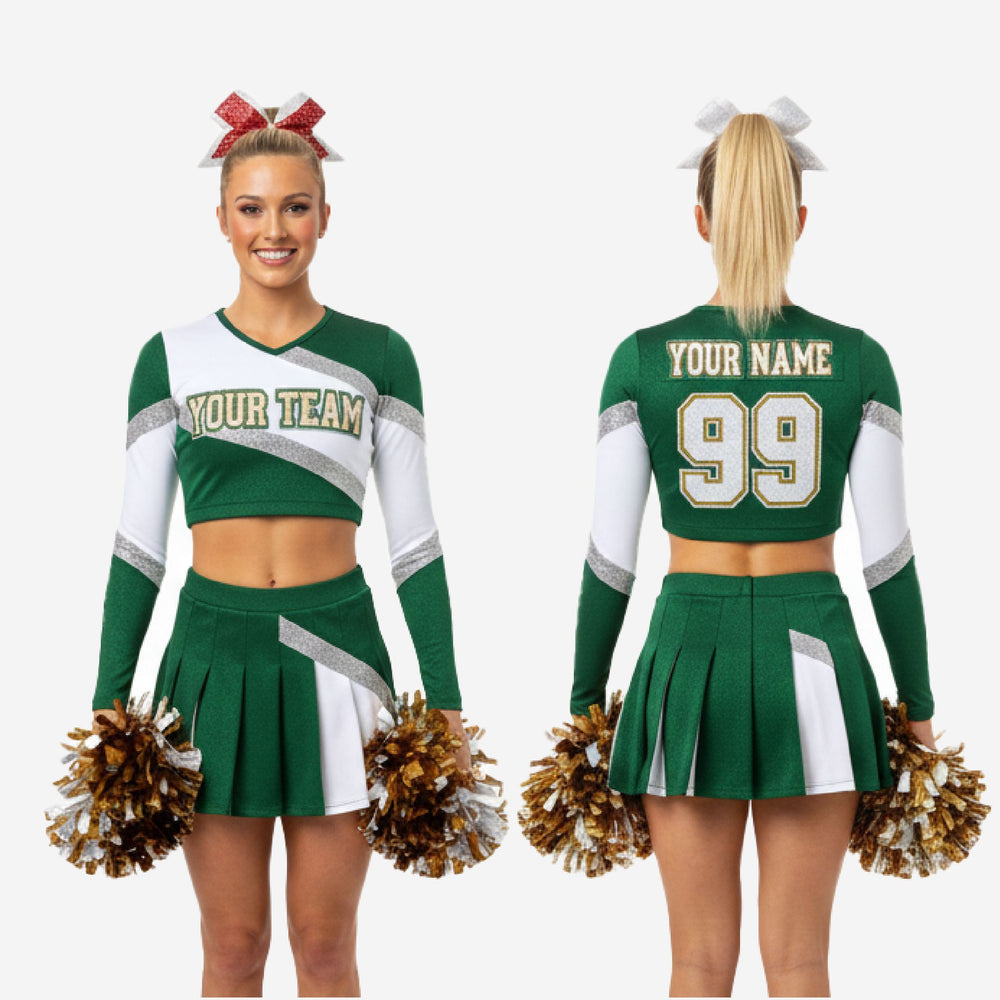 Custom Cheerleading Uniform Set - Long Sleeve Crop Top & Skirt in Green