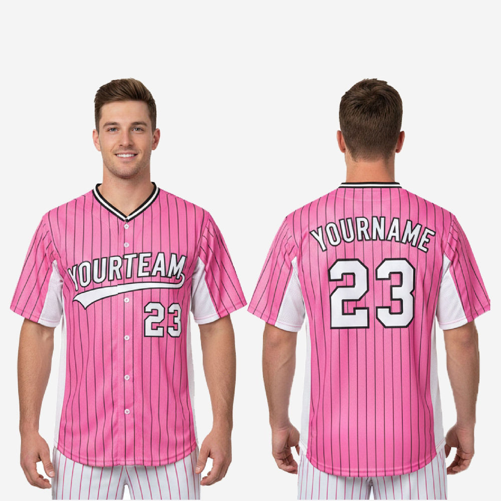 Custom Baseball Uniform Jersey - Youth & Adult Pinstripe Full Button Jersey in Pink