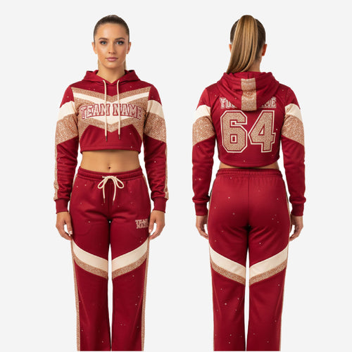 Custom Cheerleading Warmup Set in Red - Crop Hoodie & Pants Team Name Design