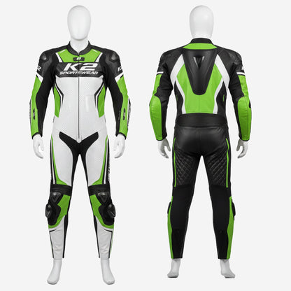 Custom Motorcycle Leather Racing Suit in White & Green - One Piece Racing Suit