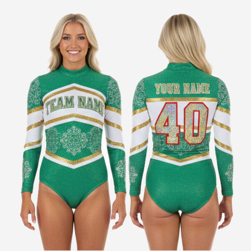 Custom Cheerleading Bodysuit - Green Long Sleeve Uniform