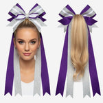 Custom Cheerleading Hair Bow in Purple Silver - Cheer Bow with Streamers