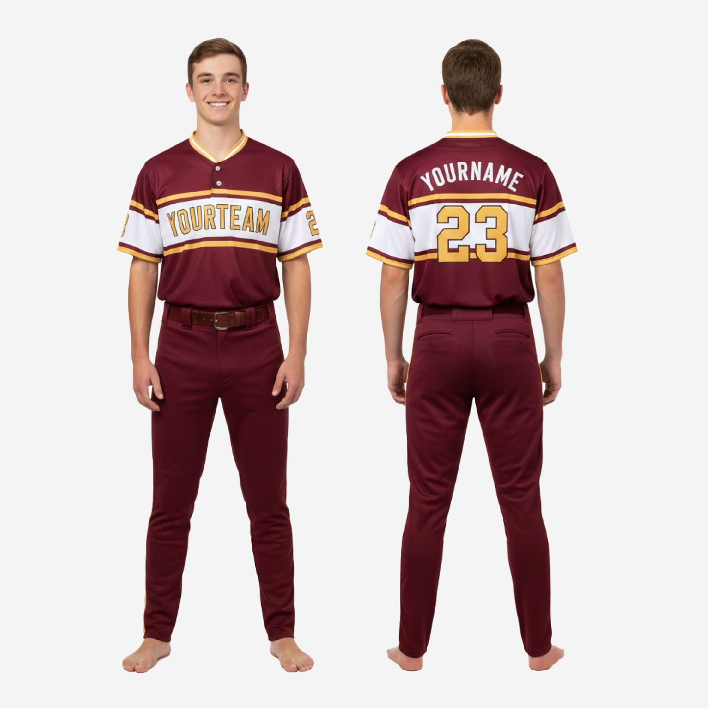 Custom Youth Baseball Uniform Set - V-Neck Jersey & Pants Sublimated in Wine Red