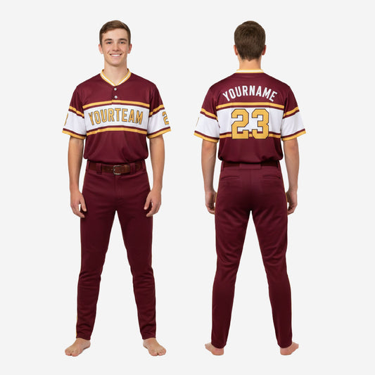Custom Youth Baseball Uniform Set - V-Neck Jersey & Pants Sublimated in Wine Red
