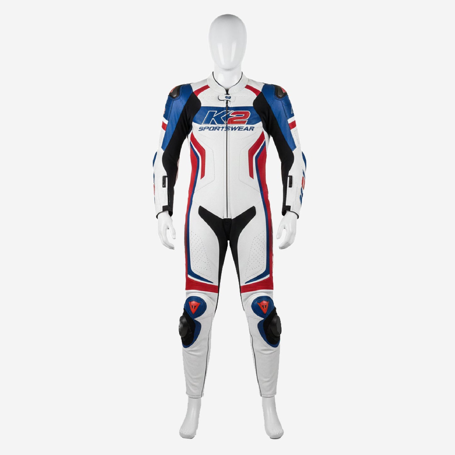 Personalized Motorbike Leather Suit in White & Blue - Custom Racing One Piece Track Suit