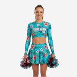 Personalized Pacific Blue Cheer Uniform - Long Sleeve Crop Top Skirt Competition Set