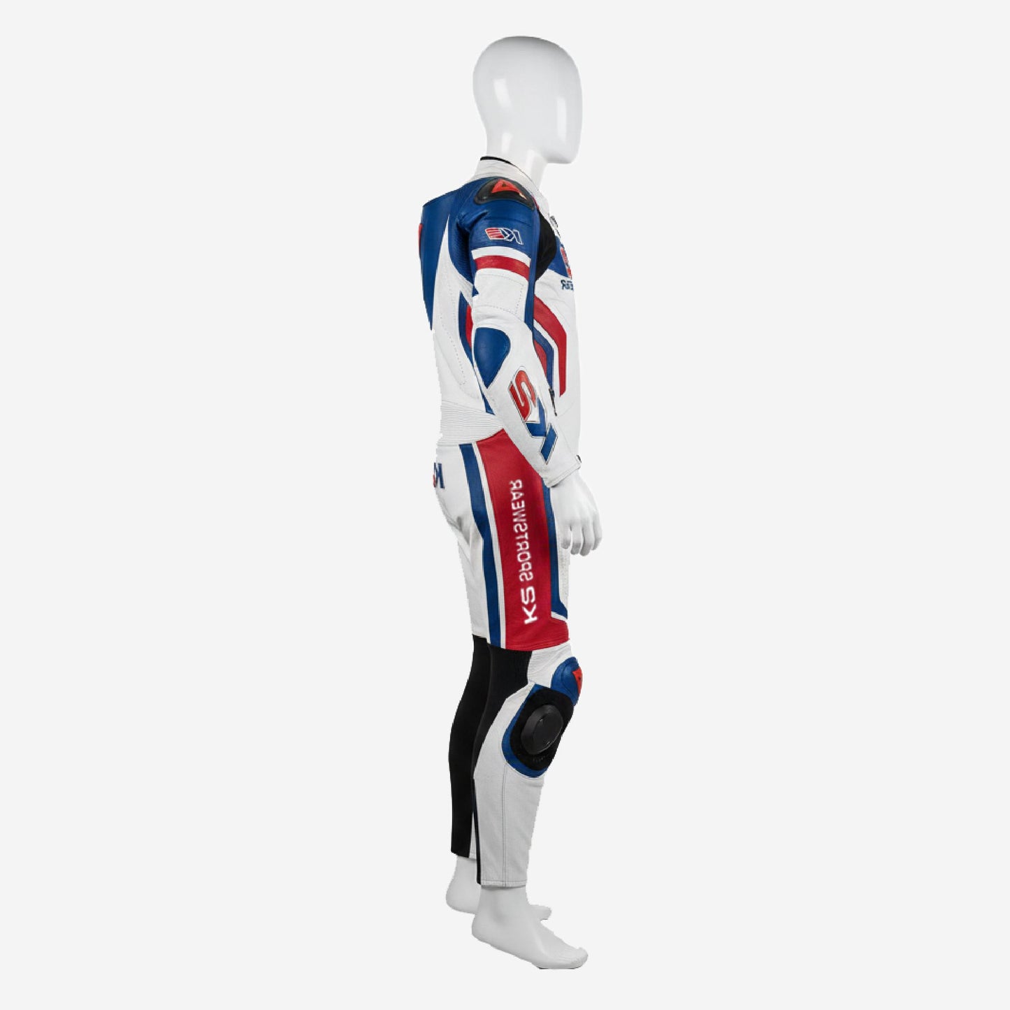 Personalized Motorbike Leather Suit in White & Blue - Custom Racing One Piece Track Suit
