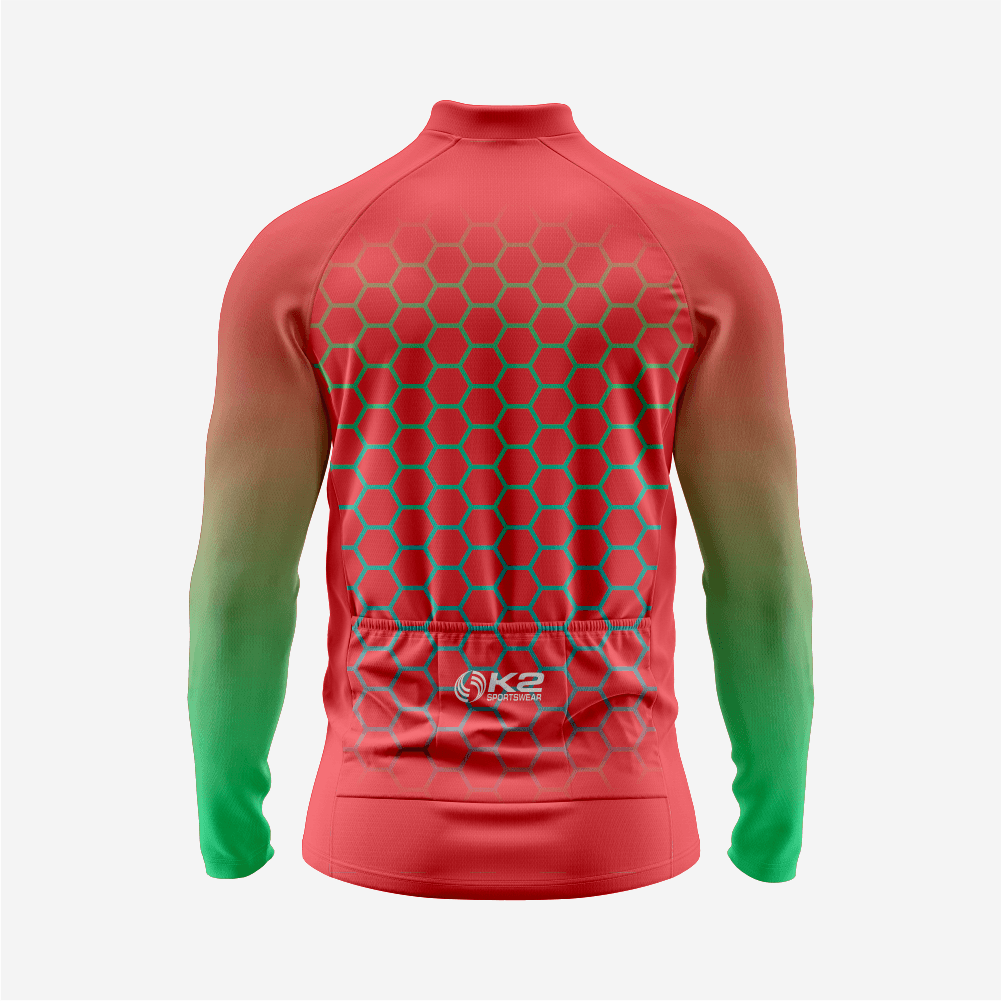 Men's Long Sleeve Cycling Jersey Red | Breathable Hex Print Bike Jersey - K2 Sportswear | Custom Sports Uniforms & Apparels - K2 Sportswear