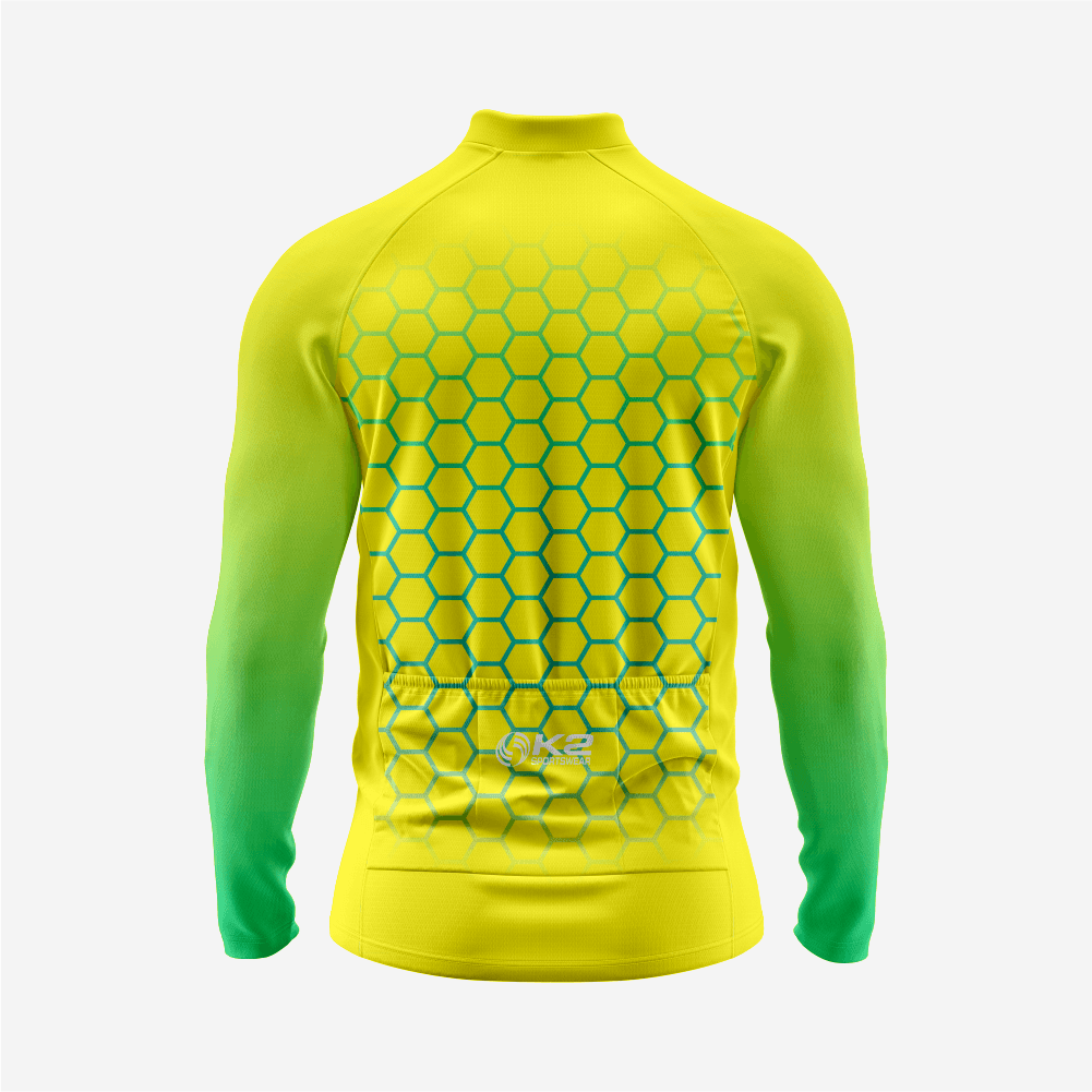 Yellow & Green Men's Long Sleeve Cycling Jersey| Breathable Hex Print Bike Jersey - K2 Sportswear | Custom Sports Uniforms & Apparels - K2 Sportswear