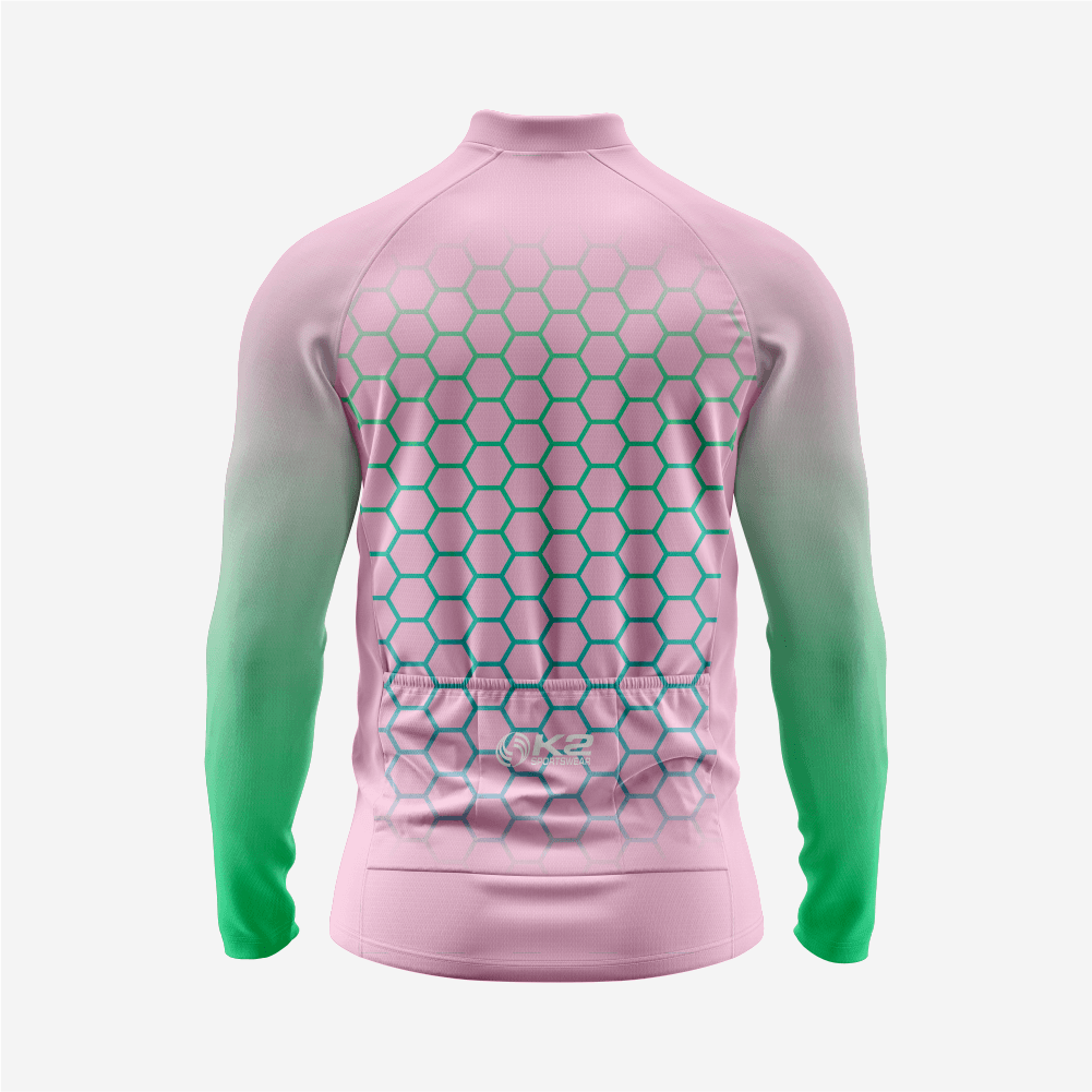 Full Zip Pink Green Long Sleeve Cycling Jersey for Men | Hexagon Bike Shirt - K2 Sportswear | Custom Sports Uniforms & Apparels - K2 Sportswear