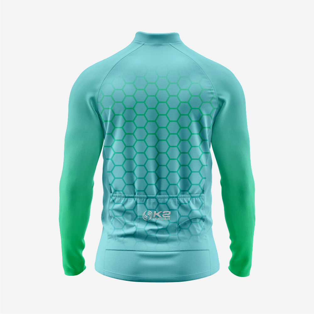 Full Zip Powder Blue Long Sleeve Cycling Jersey for Men | Hexagon Bike Shirt - K2 Sportswear | Custom Sports Uniforms & Apparels - K2 Sportswear