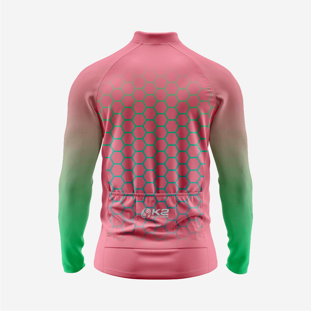 Full Zip Long Sleeve Cycling Jersey for Men | Hexagon Candy Pink Bike Shirt - K2 Sportswear | Custom Sports Uniforms & Apparels - K2 Sportswear